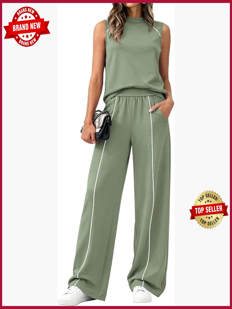 Women's 2 Piece Lounge Set Mock Neck Sleeveless Wide Leg Pants Travel Outfit